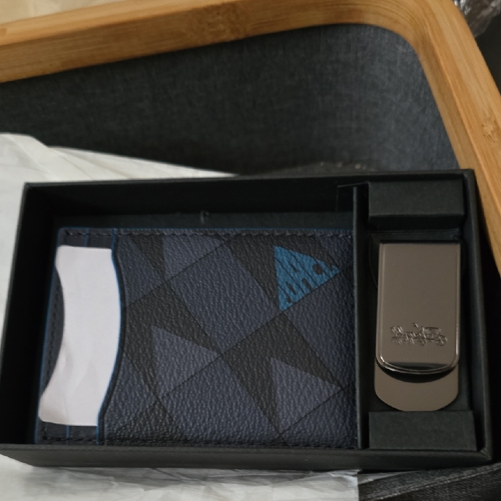 Geometric Blue Wallet and Silver Money Clip Set